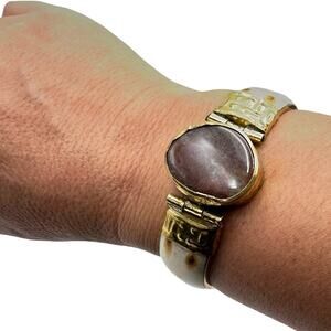 VINTAGE BONE HINGED CUFF BANGLE BRACELET BRASS ACCENTS GEMSTONE - NWOT
